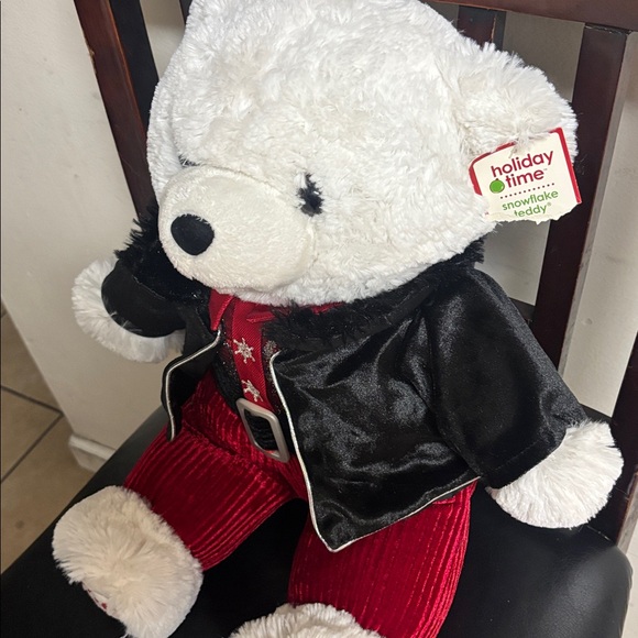 Festive White Teddy Bear in Black Jacket and Red Outfit 19 in - Picture 7 of 7